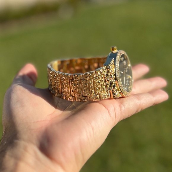 Arabic Numeral Number Gold Plated Nugget Watch Black Face Dial Iced Simulated CZ - Picture 2 of 5